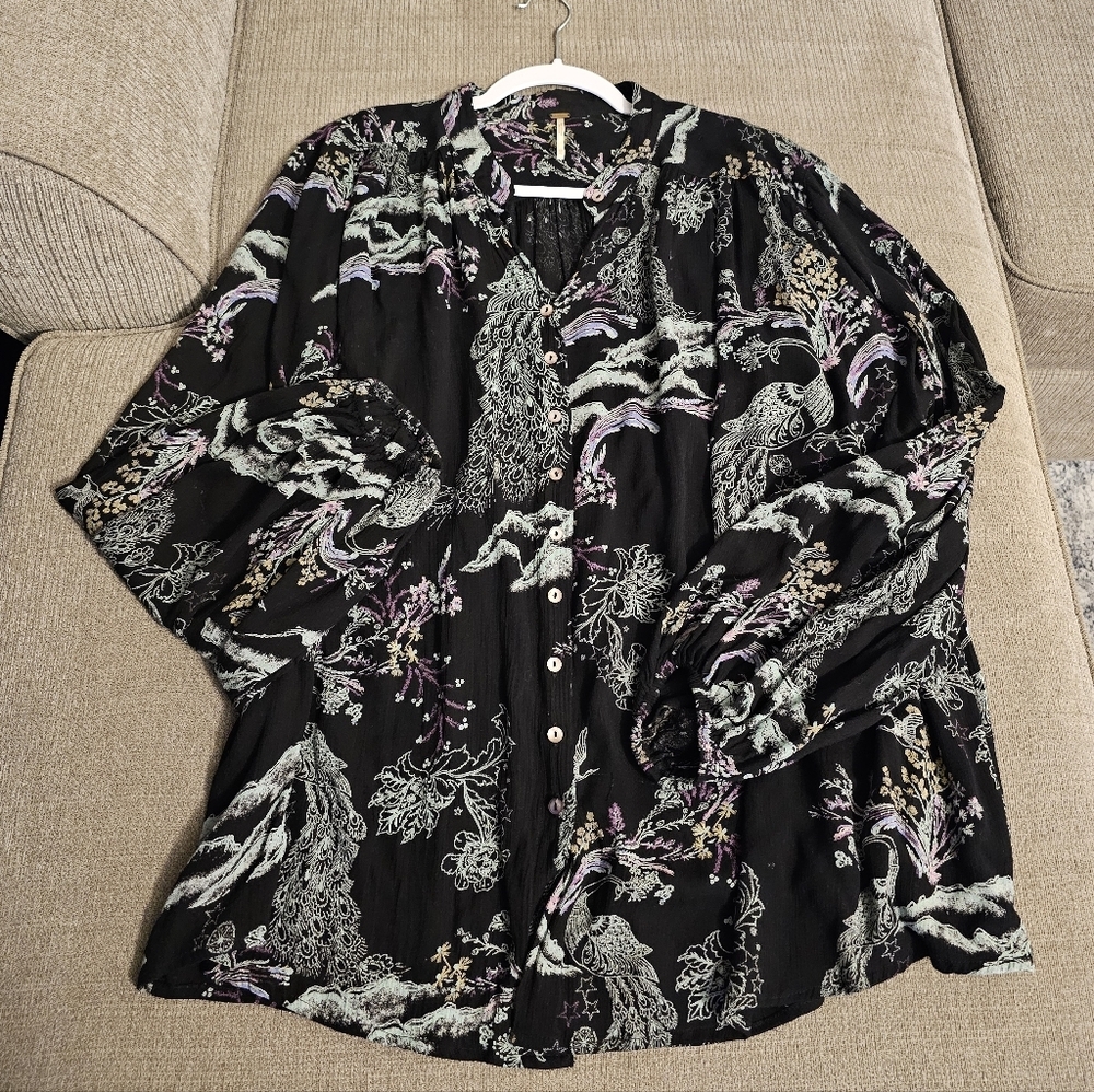 Free People Peacock Toile Floral Casual Button Boho Button Top Size XS